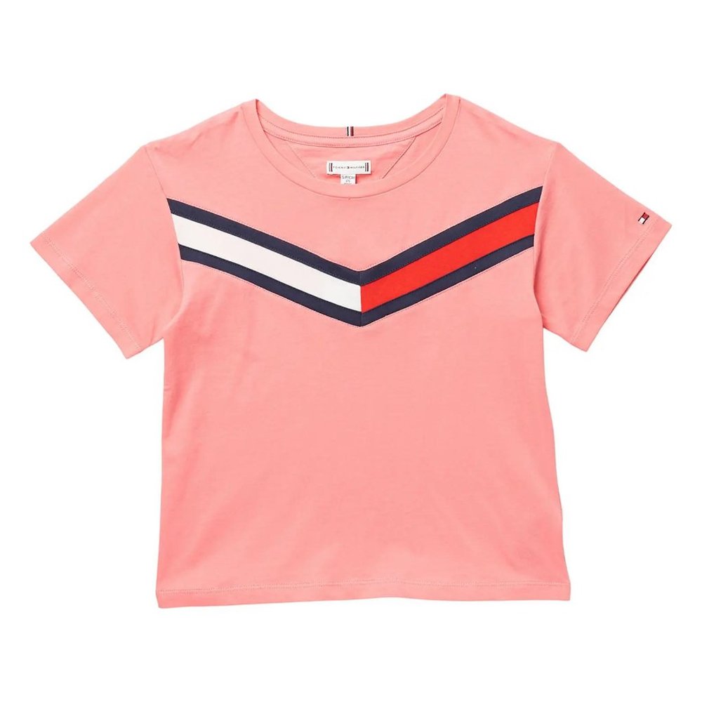 Tommy Hilfiger T-Shirt Flag Tape Tee Shirt Short-Sleeve Big Girl Youth Tee Pink